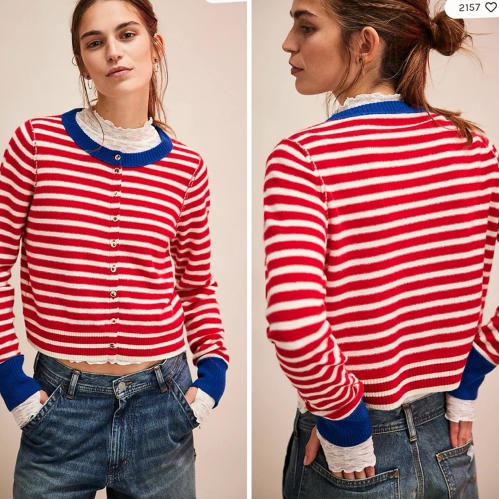 Free People Red and White Stripe Wool and Cashmere Cardigan